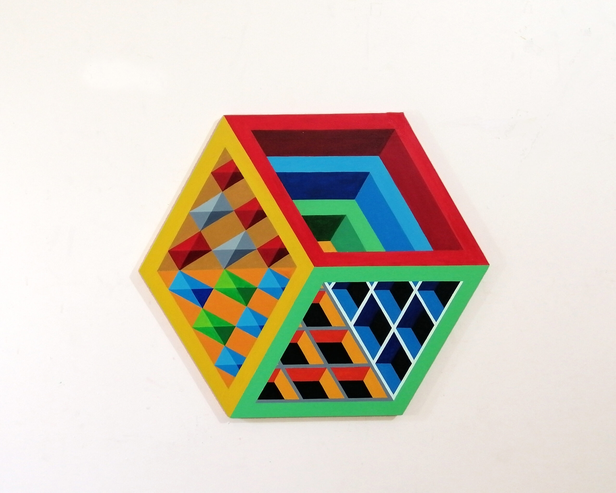 Obaid Ur Rahman<br></br>Inside Out<br></br>Acrylics on Canvas<br></br>12”x12”x12” (hexagon)