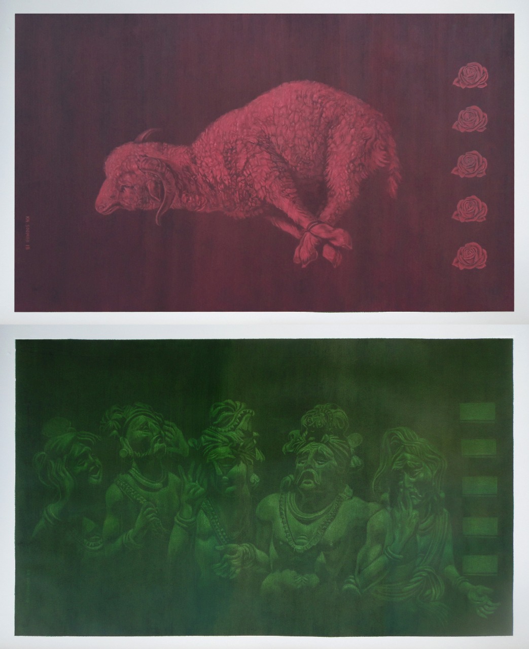 Khalid Soomro<br></br>Sacrifice (diptych)<br></br>Charcoal eraser drawing on montval sheet<br></br>30x30 inches