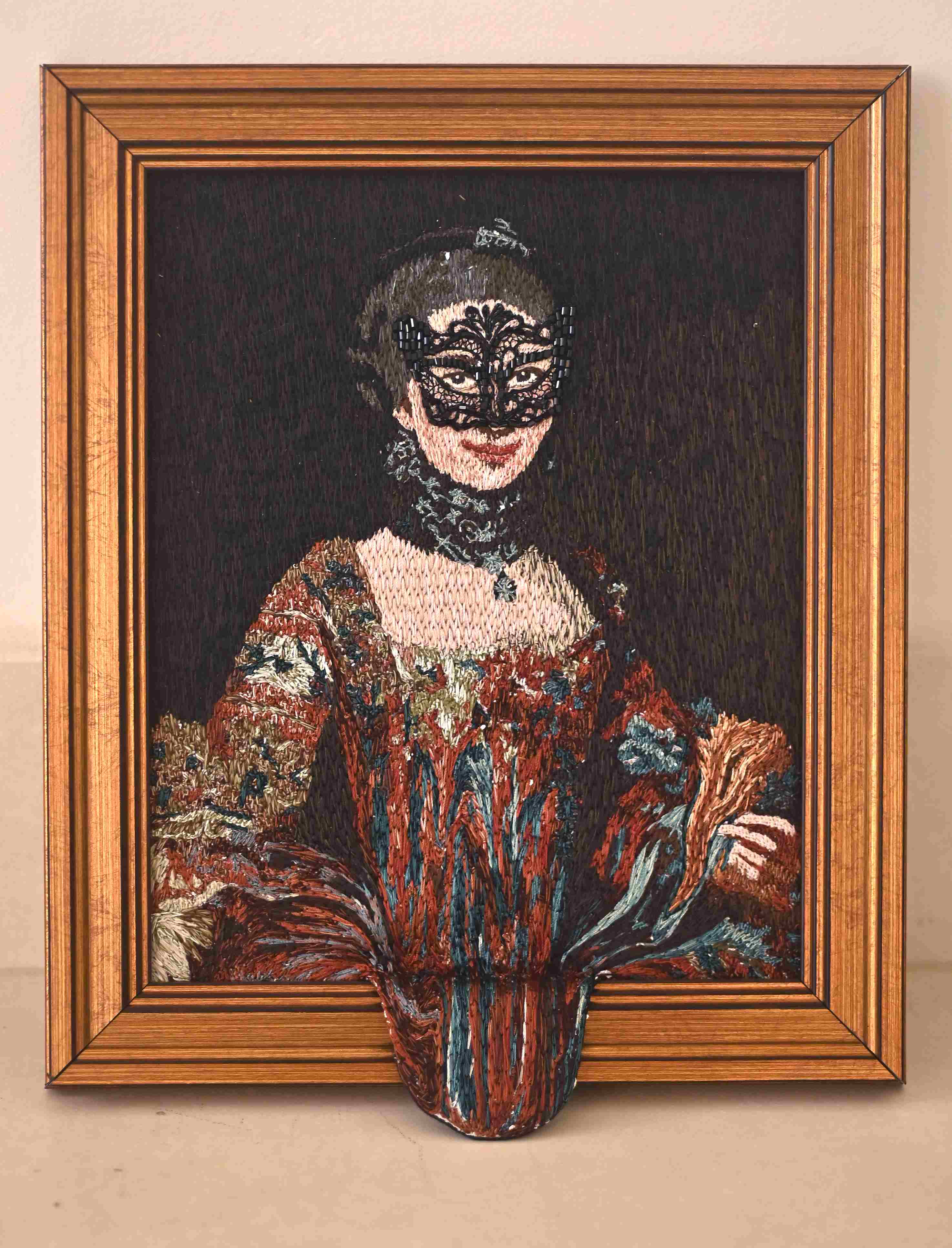 Artist: Marium Agha<br>Name: Woman Who Play<br>Medium: Thread on fabric<br> Size: 10 x 15 inches