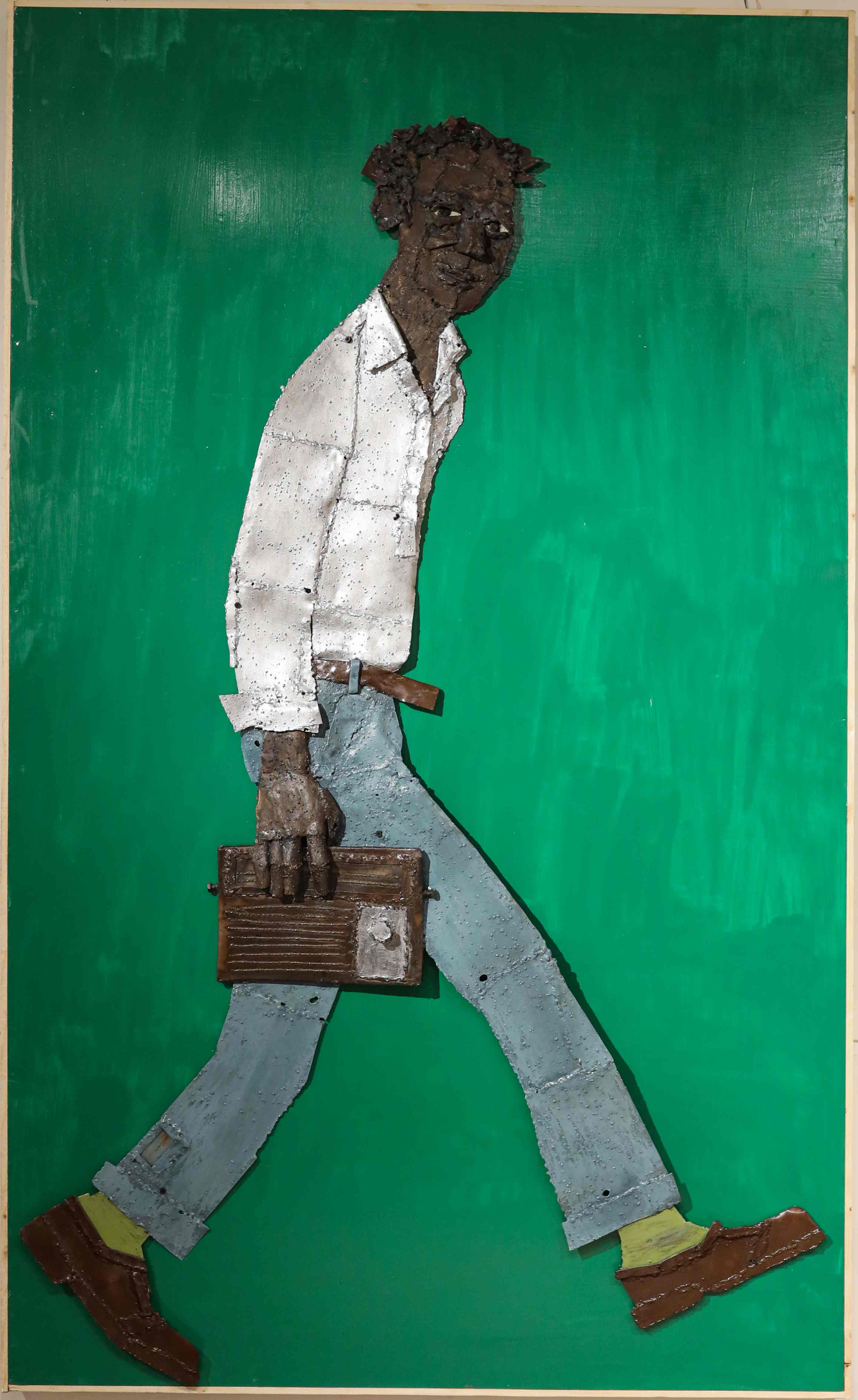 Artist: Casim Mahmood<br>Title: Man with Radio<br>Medium: Metal on Board<br>Size in inches: 72x48
