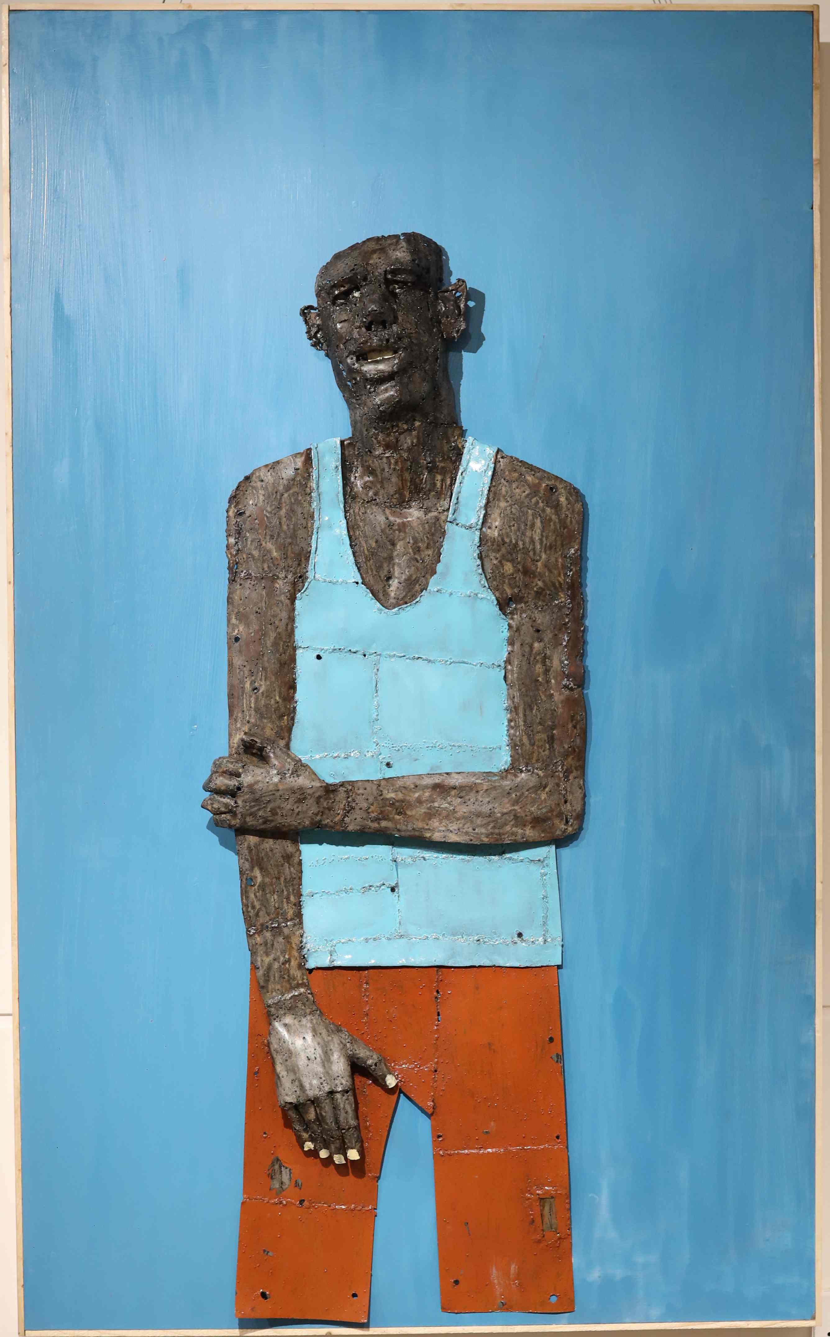 Title: Man in the Blue Vest<br>Medium: Metal on Board<br>Size in inches: 72x48