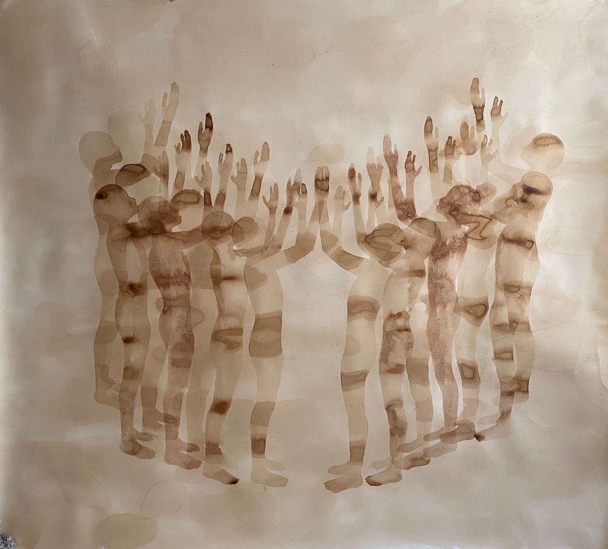 Artist: Hira Noor <br>Marked Sinners <br>Medium: Tea on paper   <br> Size: 6.7ft by 5.8ft
