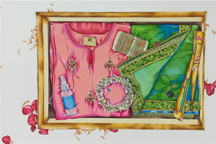 Artist: Maria Aamir <br>Chashme Baddoor<br>Medium: Gouache and beads on wasli <br> Size:   20.7 x 14.8 inches