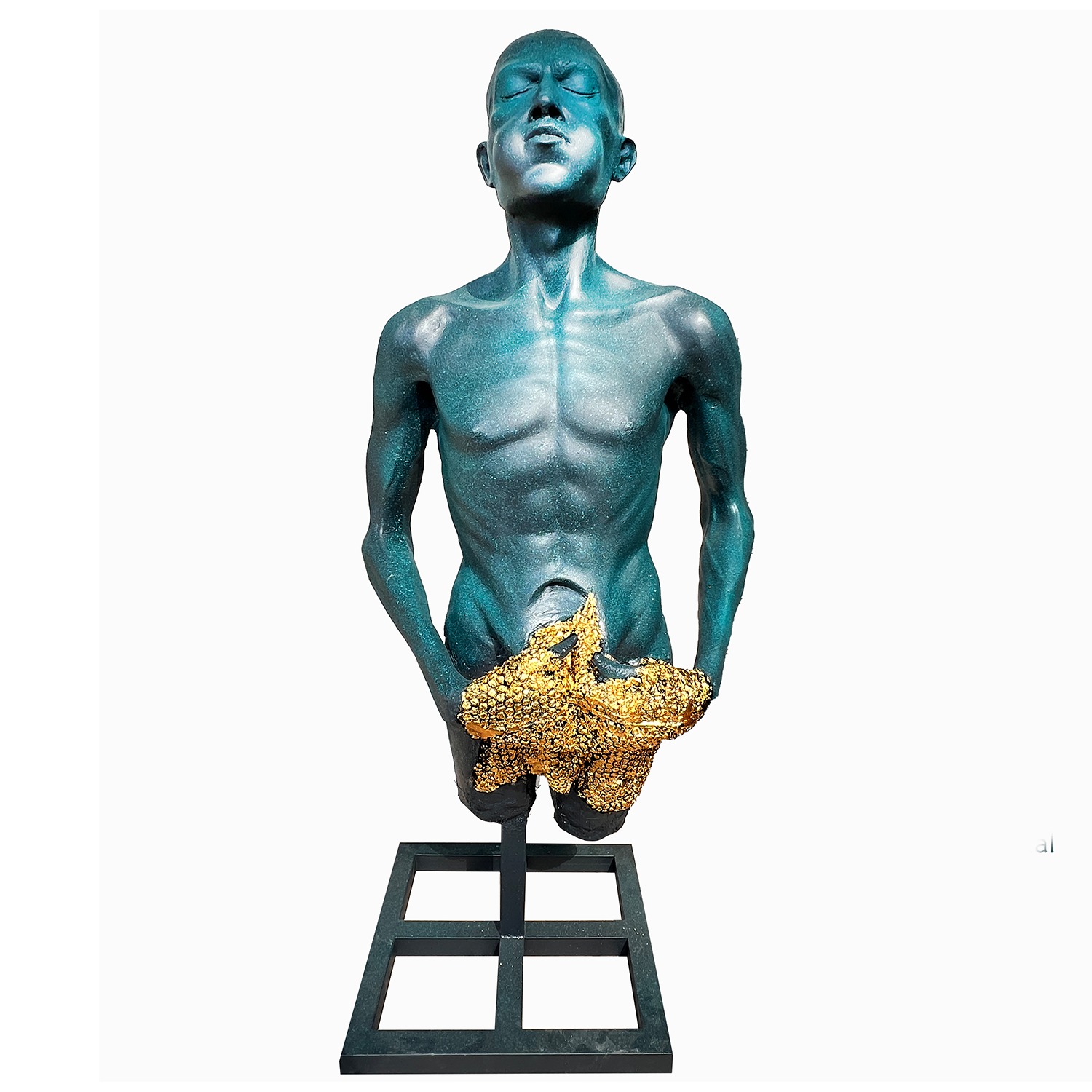 Artist: Hidayat Marwat<br> Title: Unveiling Touch<br> Medium: Fiber Glass, Gold Leaf, Iron Pedestal<br> Size: 54 x 26 In