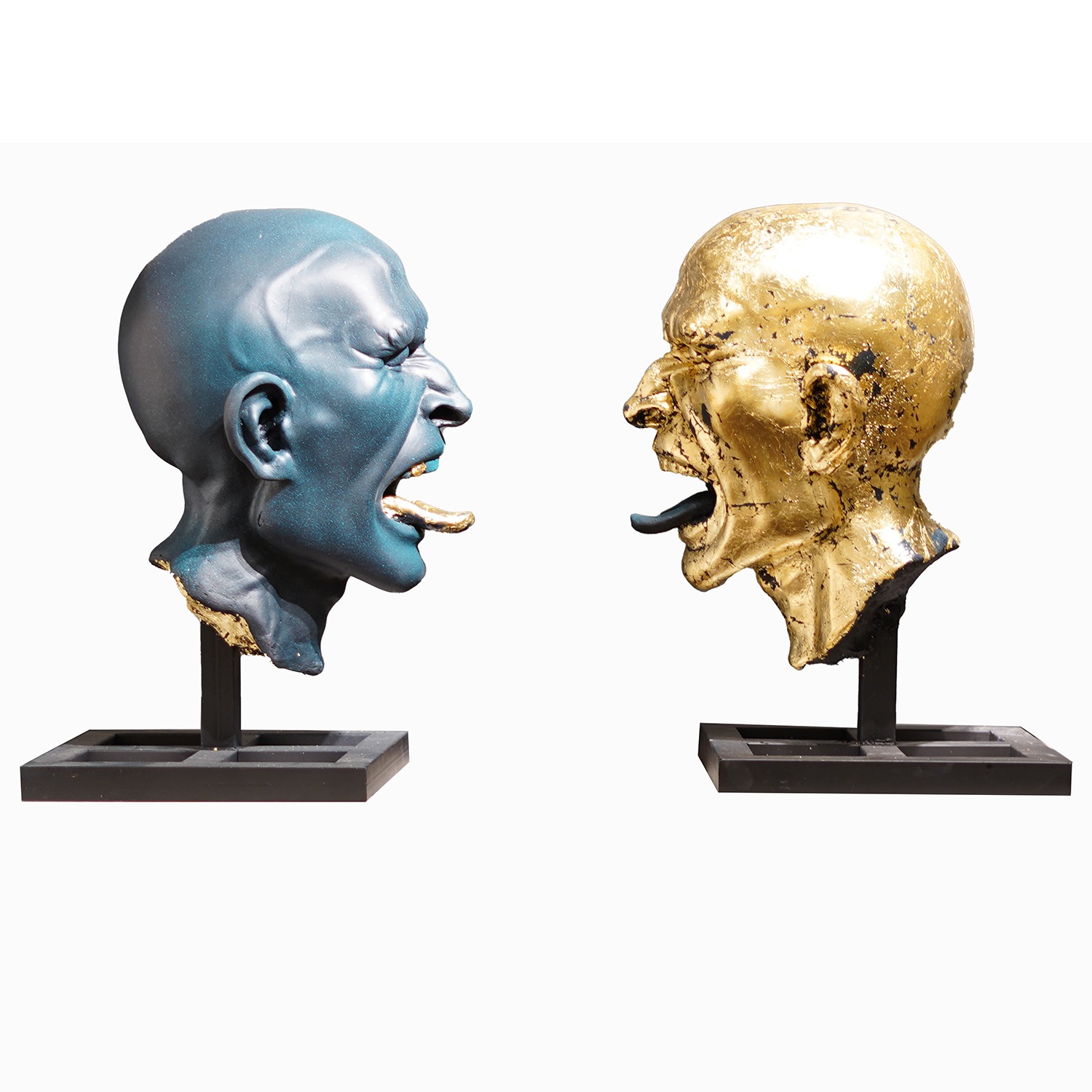 Artist: Hidayat Marwat<br> Title: Tongue Tete-a-tete/ Wispering Reflection<br> Medium: Fiber Glass, Gold Leaf, Iron Pedestal<br> Size: 24 x 14 In
