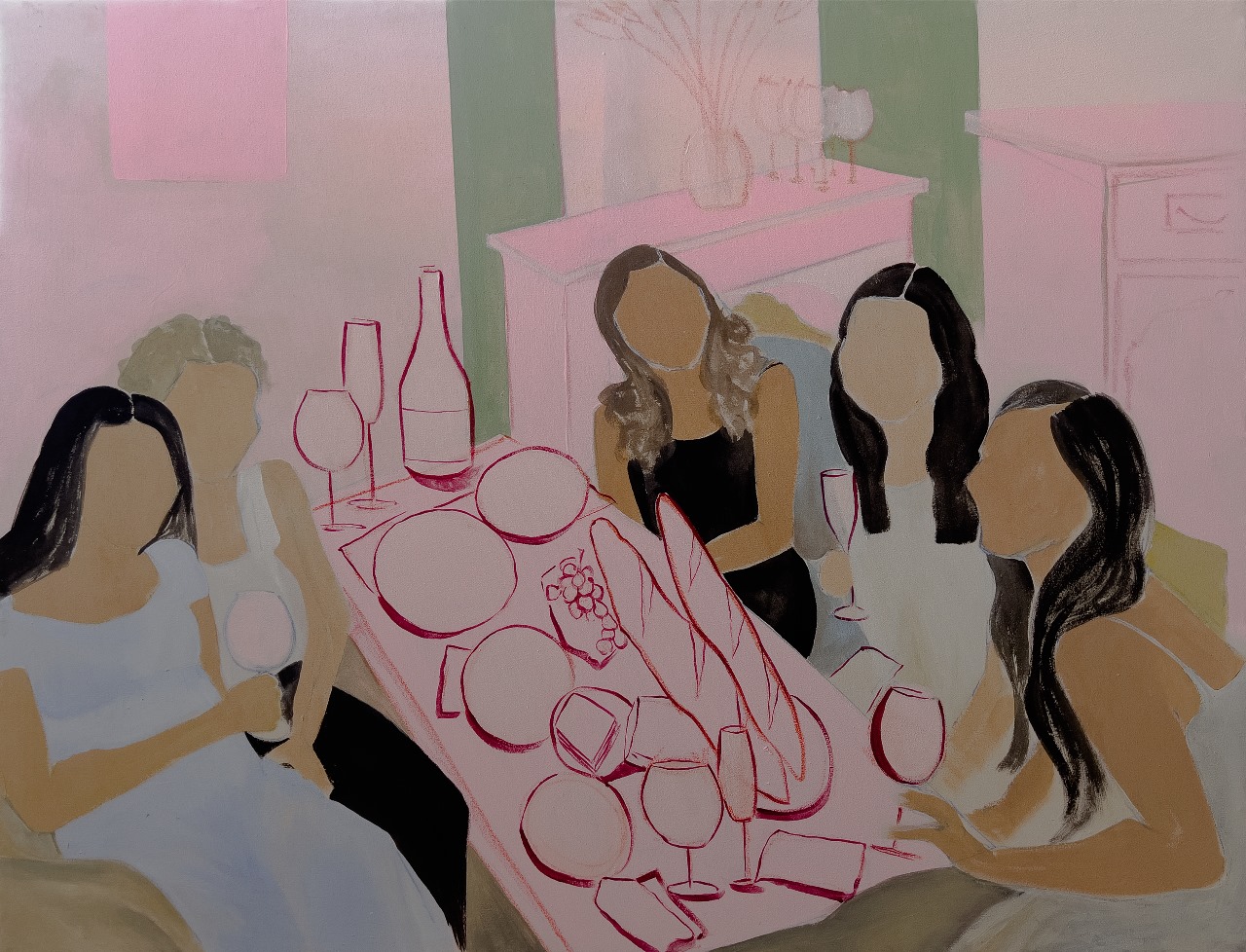 Artist: Khadija Shafqat<br> Title: Chez Yilin<br> Medium: Acrylic and Oil pastels on Canvass<br> Size: 4ft x3ft