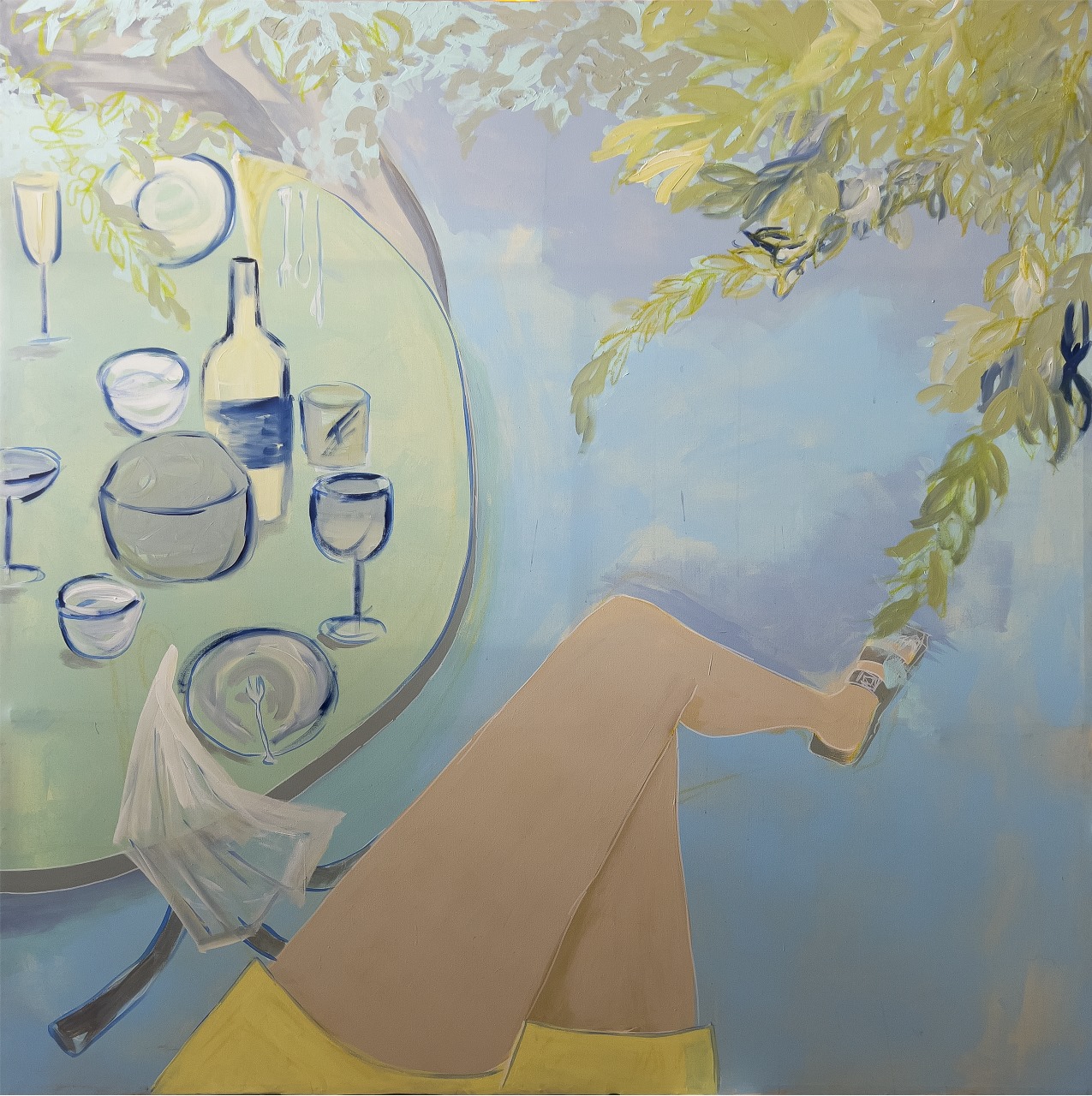 Artist: Khadija Shafqat<br> Title: Le Comptoir Bleu<br> Medium: Acrylic and Oil pastels on Canvas<br> Size: 5.5ft x5.03ft