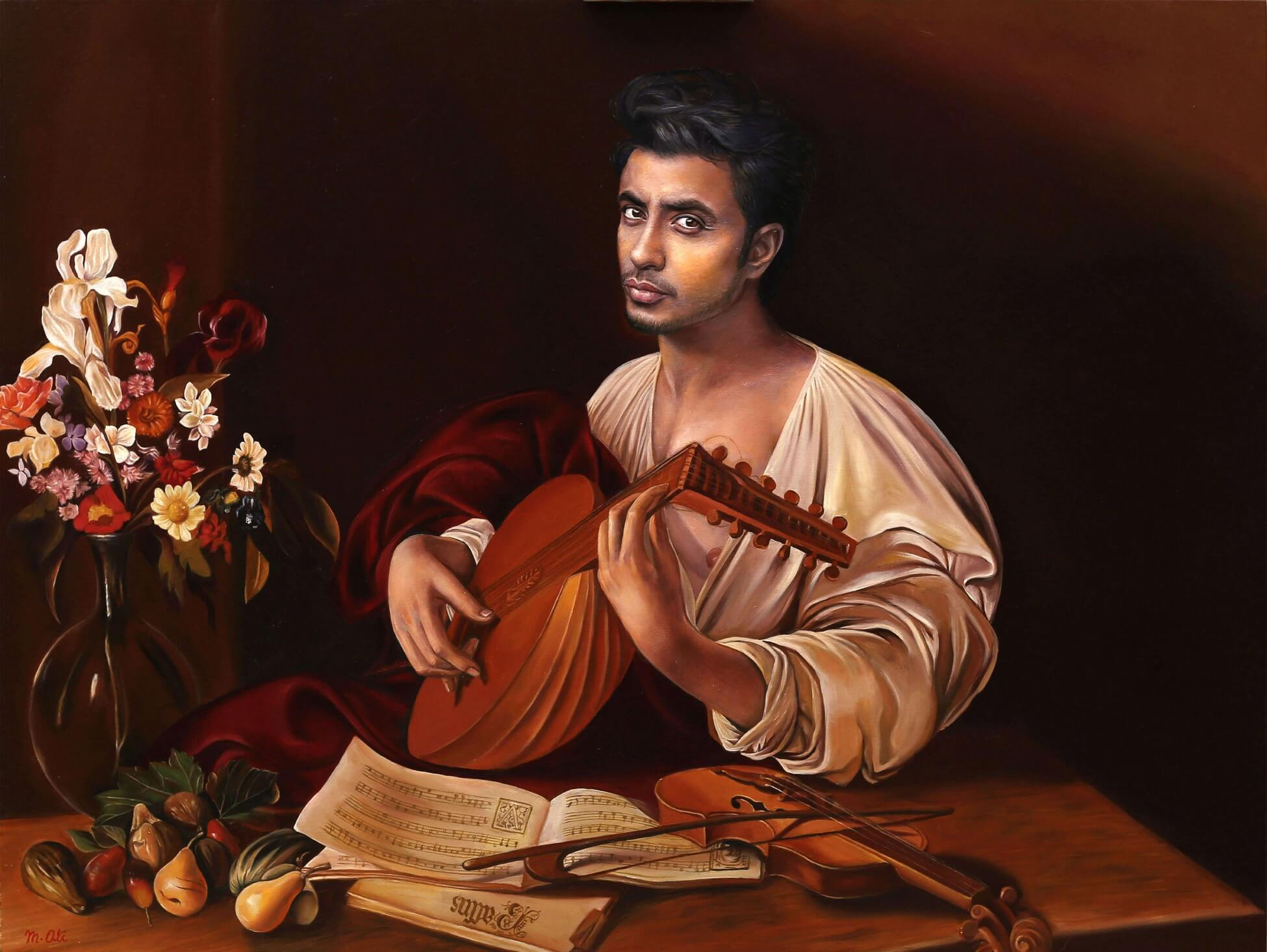 Artist: Mirchi Ali<br/>Title: "Strumming My Pain With His Fingers" <br> Medium: Oil on Canvas<br>Size: 48x36inches