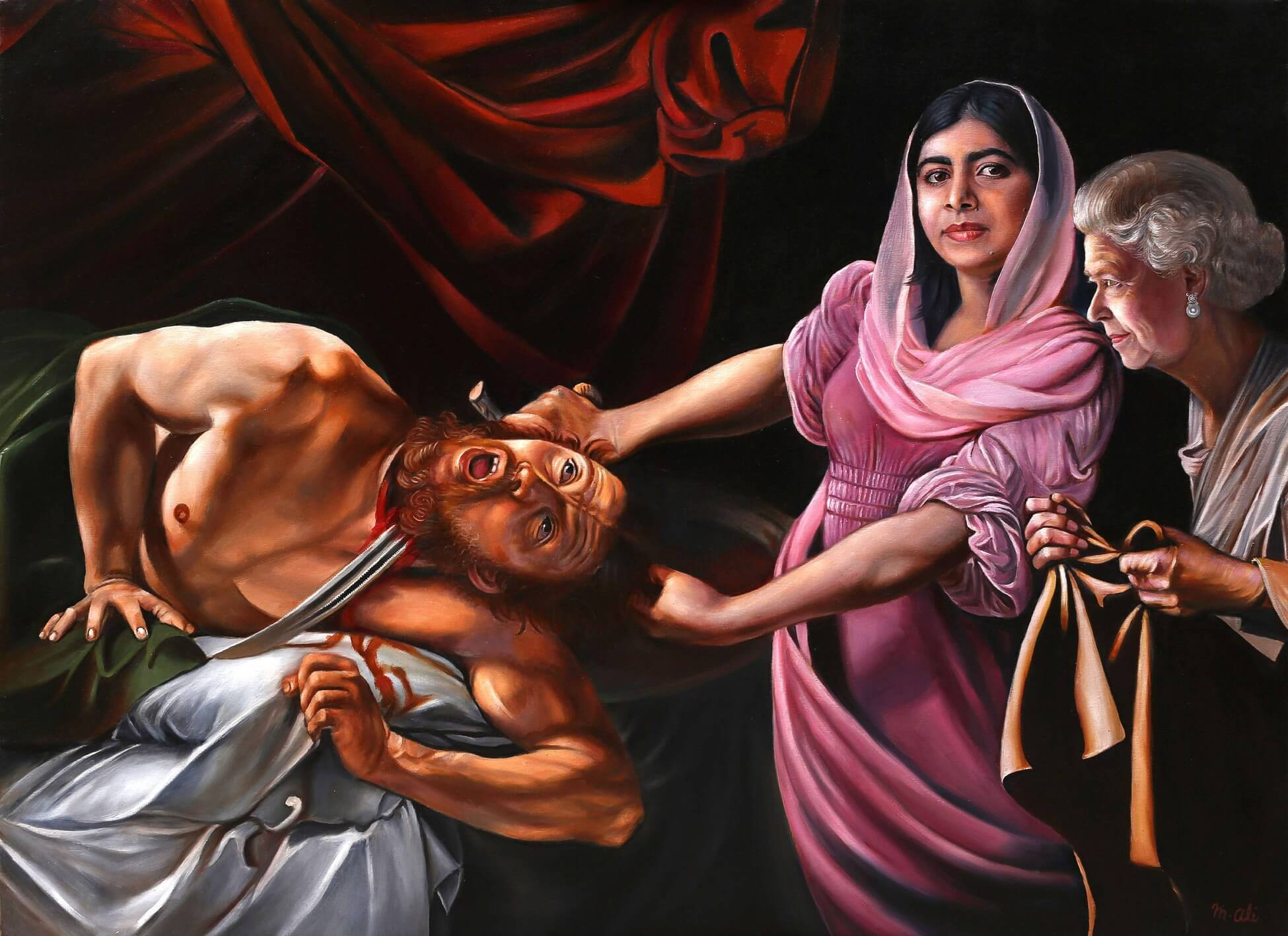 Artist: Mirchi Ali<br/>Title: "Education Rejoicing While Beheading Oppression" <br> Medium: Oil on Canvas<br>Size: 48x36inches