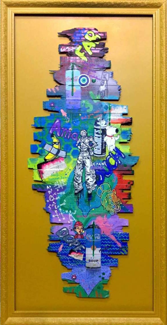 Artist: Hamza Khan Sherwani<br/>Title: "Cyan Anatra" <br> Medium: Mix Medium (Acylics  Sprays Pouring ,& Typography) on wooden Planks<br>Size: 27.5x48<br>Year : 2024