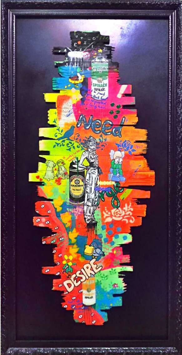 Artist: Hamza Khan Sherwani<br/>Title: "Hidden Occhi" <br> Medium: Mix Medium (Acylics  Sprays Pouring ,& Typography) on wooden Planks<br>Size: 27.5x48<br>Year : 2024