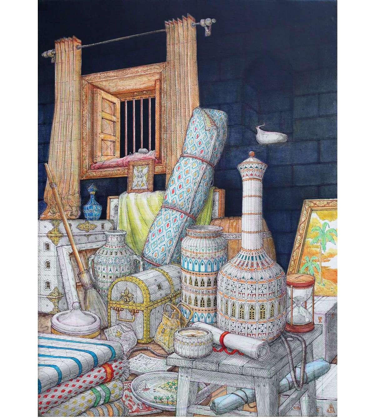 Artist: Moin Rehman <br/>Title: "Tales of Orient I<br> Medium: Acrylic paint, Archival pen and watercolor pencils on wood backed Canvas<br>Size: 15x22 in <br>Year: 2024