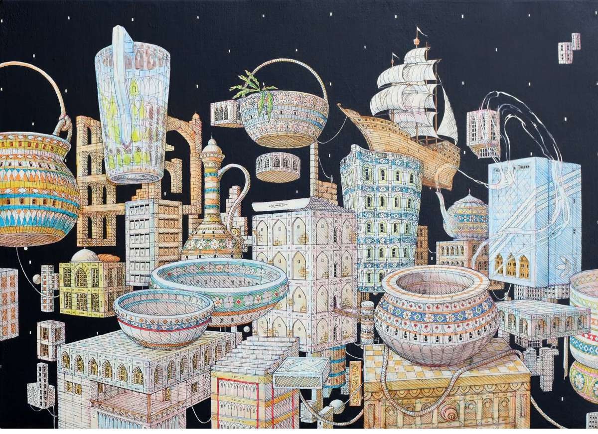 Artist: Moin Rehman <br/>Title: "Realm of Possibility<br> Medium: Acrylic paint, Archival pen and watercolor pencils on wood backed Canvas<br>Size: 22x15 in <br>Year: 2024