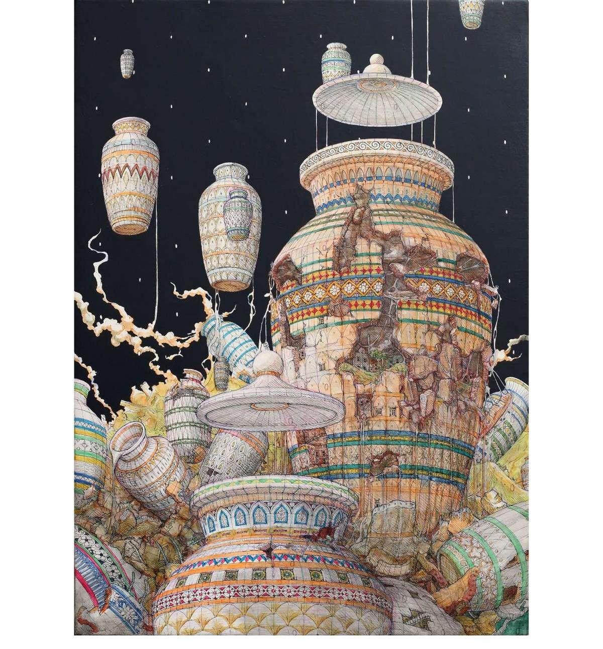 Artist: Moin Rehman <br/>Title: "Tales of Orient II<br> Medium:  Acrylic paint, Archival pen and watercolor pencils on wood backed Canvas<br>Size: 15x22in <br>Year: 2024