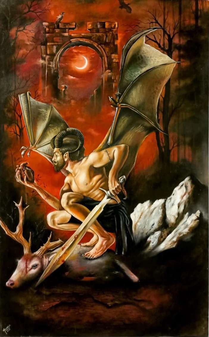 Artist: Mubashir Qayyum <br/>Title: "Daemon's indignation<br> Medium:  Oil on Canvas<br>Size: 36x60 in <br>Year: 2024