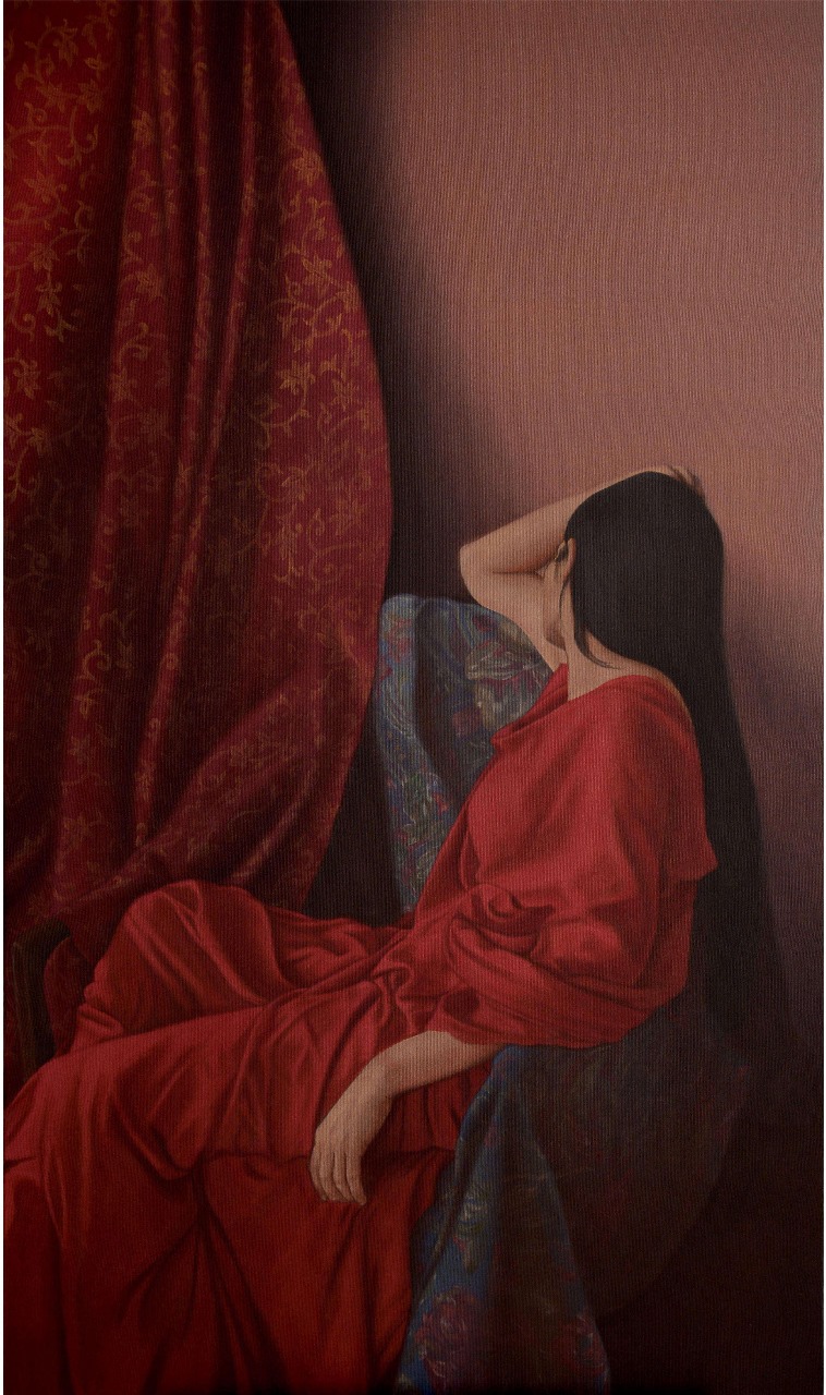 Artist: Ammama Malik<br/>Title: "Musing" <br> Medium: Oil on canvas<br>Size: 60x36 inches