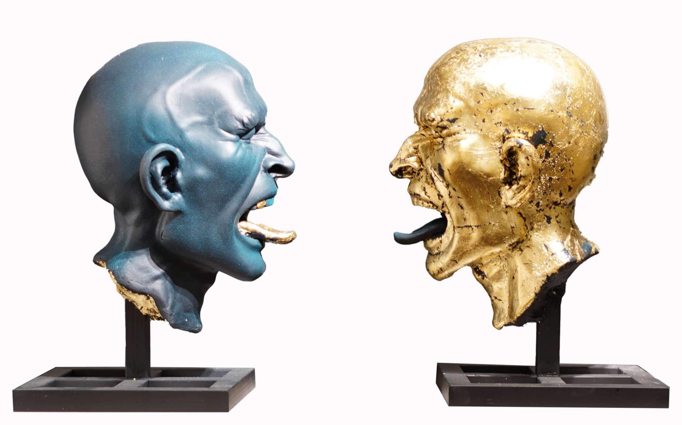 Artist: Hidayat Marwat<br/>Title: "Tongue Tete-a-tete/" <br> Medium: Wispering Reflection<br/>Fiber Glass, Gold Leaf Iron Pedestal<br>Size: 24x14 in(each)