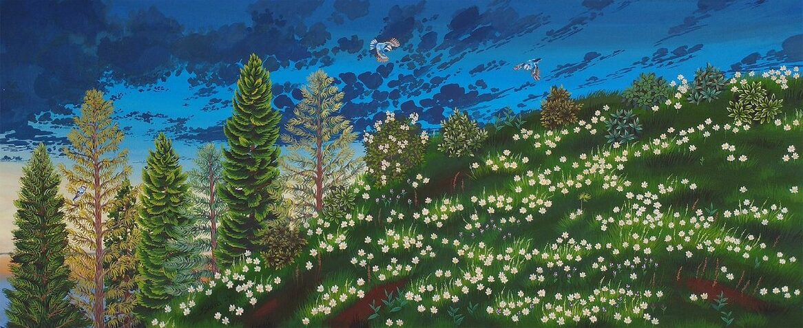 Artist: Mariam Arshad & Brishna Amin Khan<br/>Title: "Of A Summer Evening Late" <br> Medium: Gouache on Wasli<br>Size: 10 x 27 in