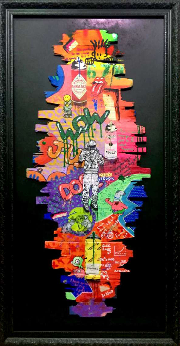 Artist: Hamza Khan  Sherwani<br/>Title: "Moon Struck" <br> Medium: (Acrylics, Sprays, Pouring, & Typography)on Wooden Planks <br>Size: 27.5 x 48 in <br> Year : 2024