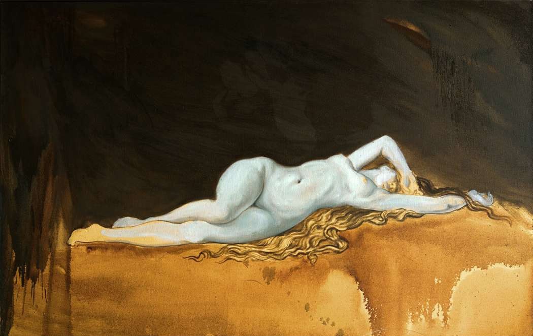 Artist: Zahid Mayo<br/>Title: "SLEEP" <br> Medium: Oil on Canvas <br>Size: 20 x 48 in