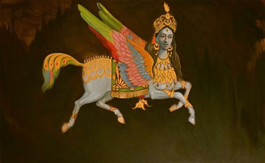 Artist: Zahid Mayo<br/>Title: "BURAQ" <br> Medium: Oil on Canvas <br>Size: 20 x 48 in