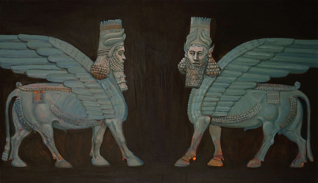 Artist: Zahid Mayo<br/>Title: "LAMASSU" <br> Medium: Oil on Canvas <br>Size: 20 x 48 in