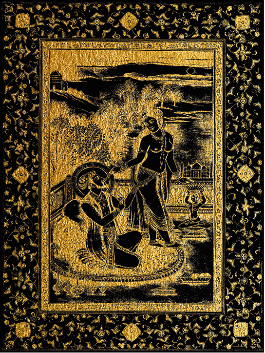 Artist: Shiblee Muneer<br/>Title: "Ho Gaiyan Fer Mojan Hi Mojan I<br> Medium: Gold Leaf on Black Coated  Paper  <br>Size: 30 x 40 in