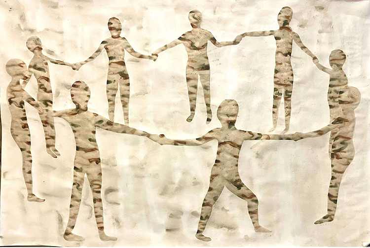 Artist: Hira Noor <br/>Title: "The Dancing Children<br> Medium: Tea and Pigment on Paper <br>Size: 40 x 59 in