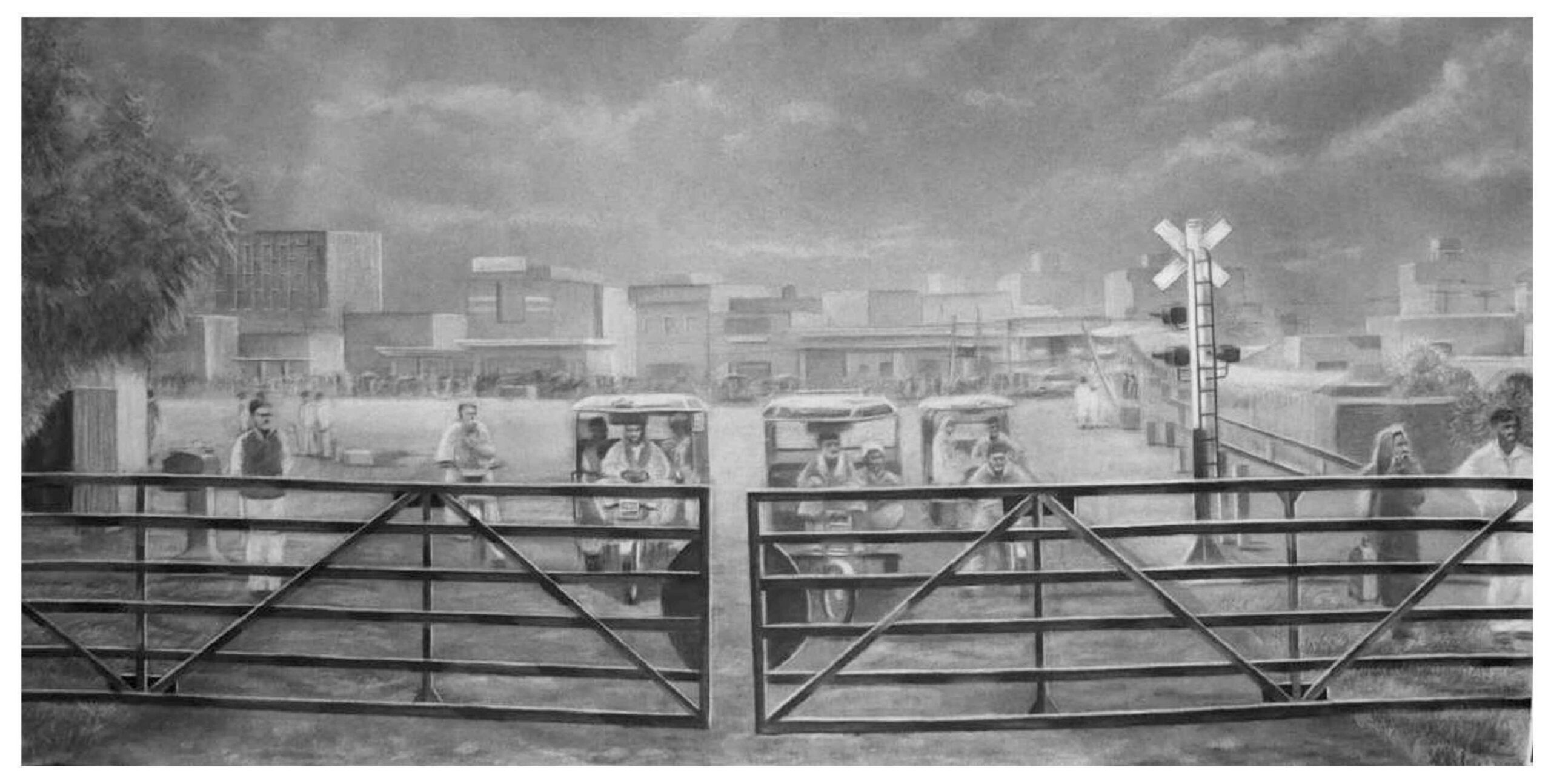 Artist: Adnan Ali Umrani<br />Title: "CHALTAY RASTON KI KAHANI (THE TALES OF MOVING ROADS)" <br> Medium: Charcoal on Paper <br>Size: 60 x 30 in