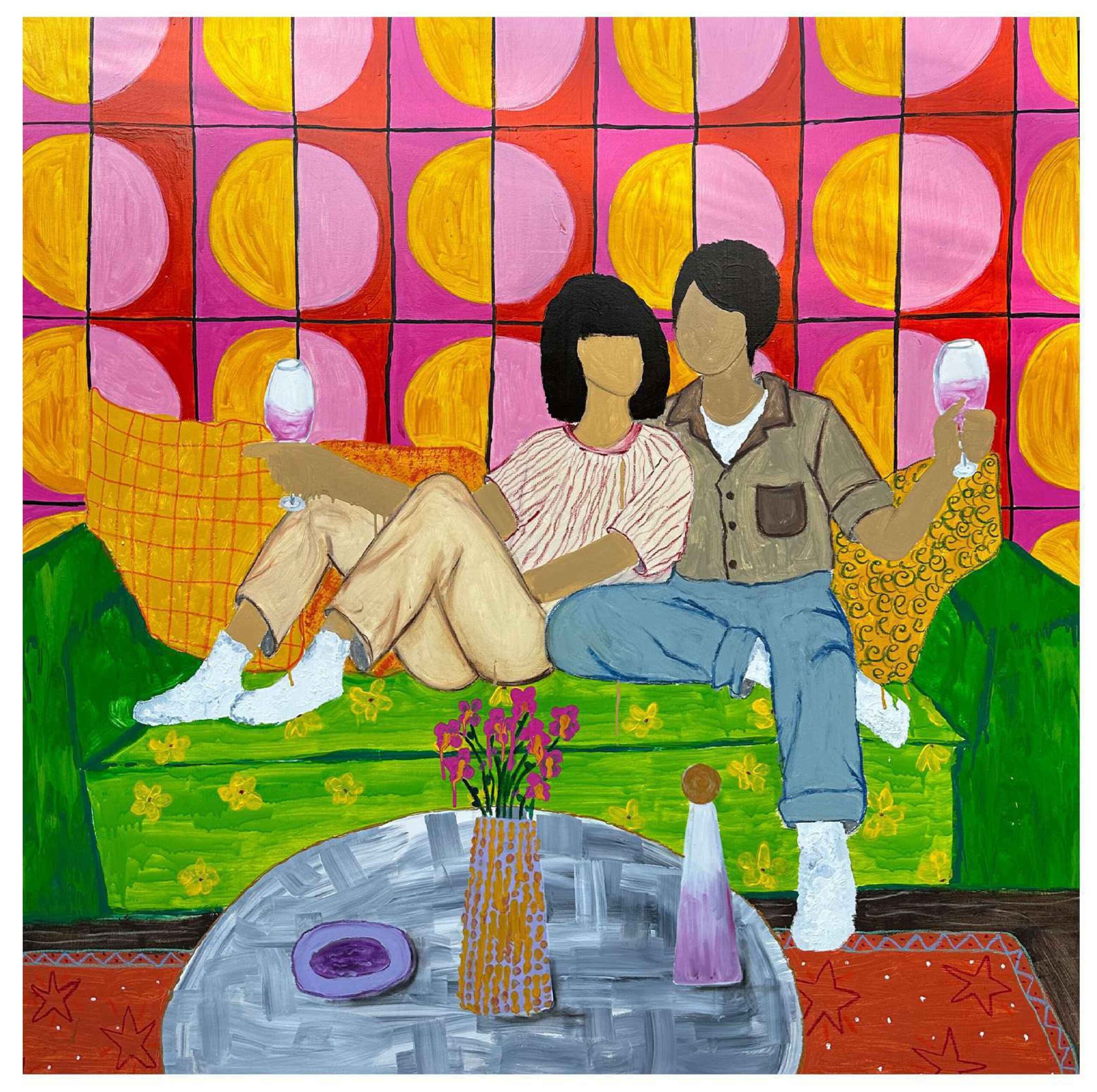 Artist: Areeba Nadeem <br />Title: "LAST DRINK BEFORE YOU LEAVE" <br> Medium: Oil, Oil stick and enamel on canvas<br>Size: 60 X 60 in