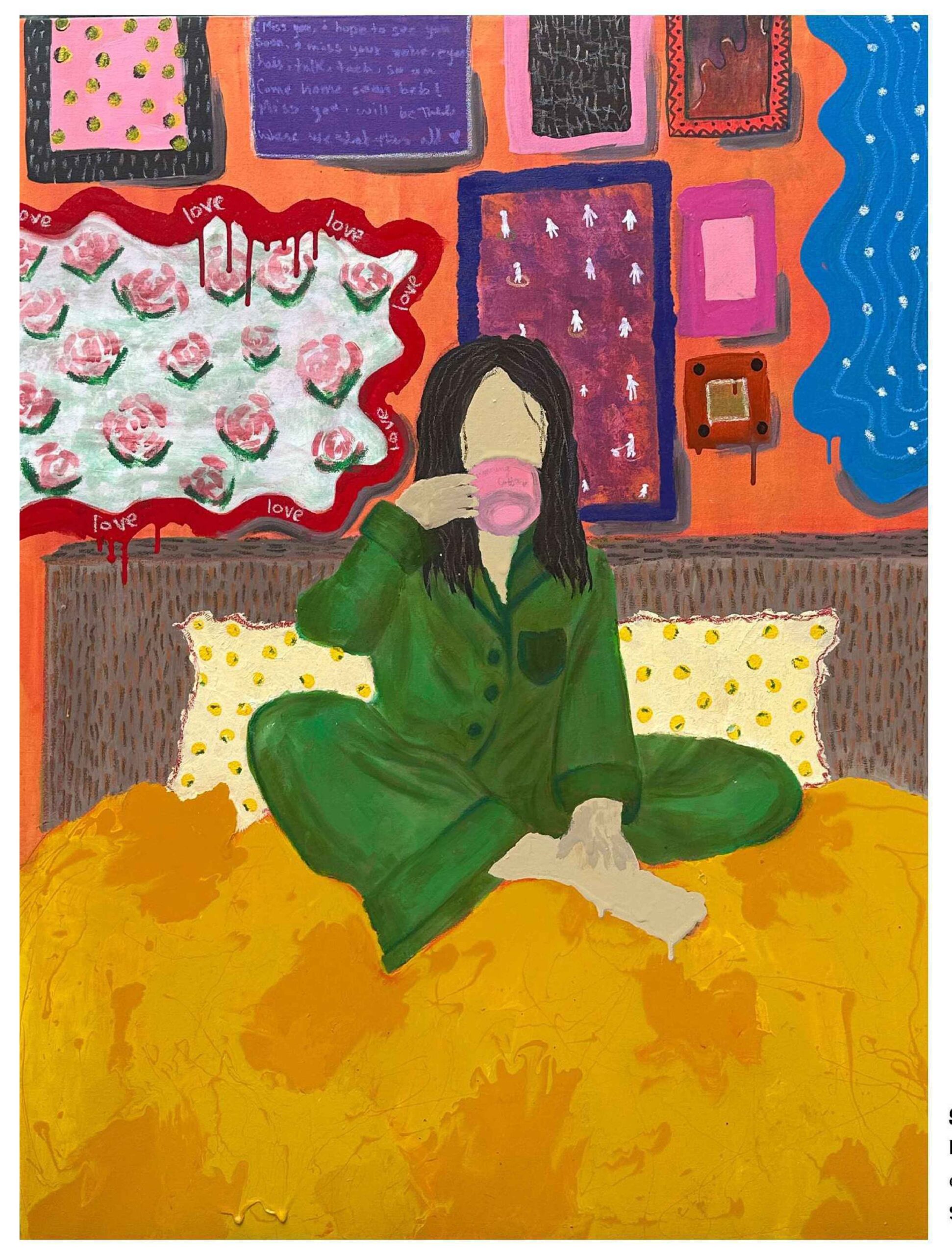 Artist: Areeba Nadeem <br />Title: "9 AM COFFEE" <br> Medium: Oil, Oil stick and enamel on canvas<br>Size: 36X 48 in