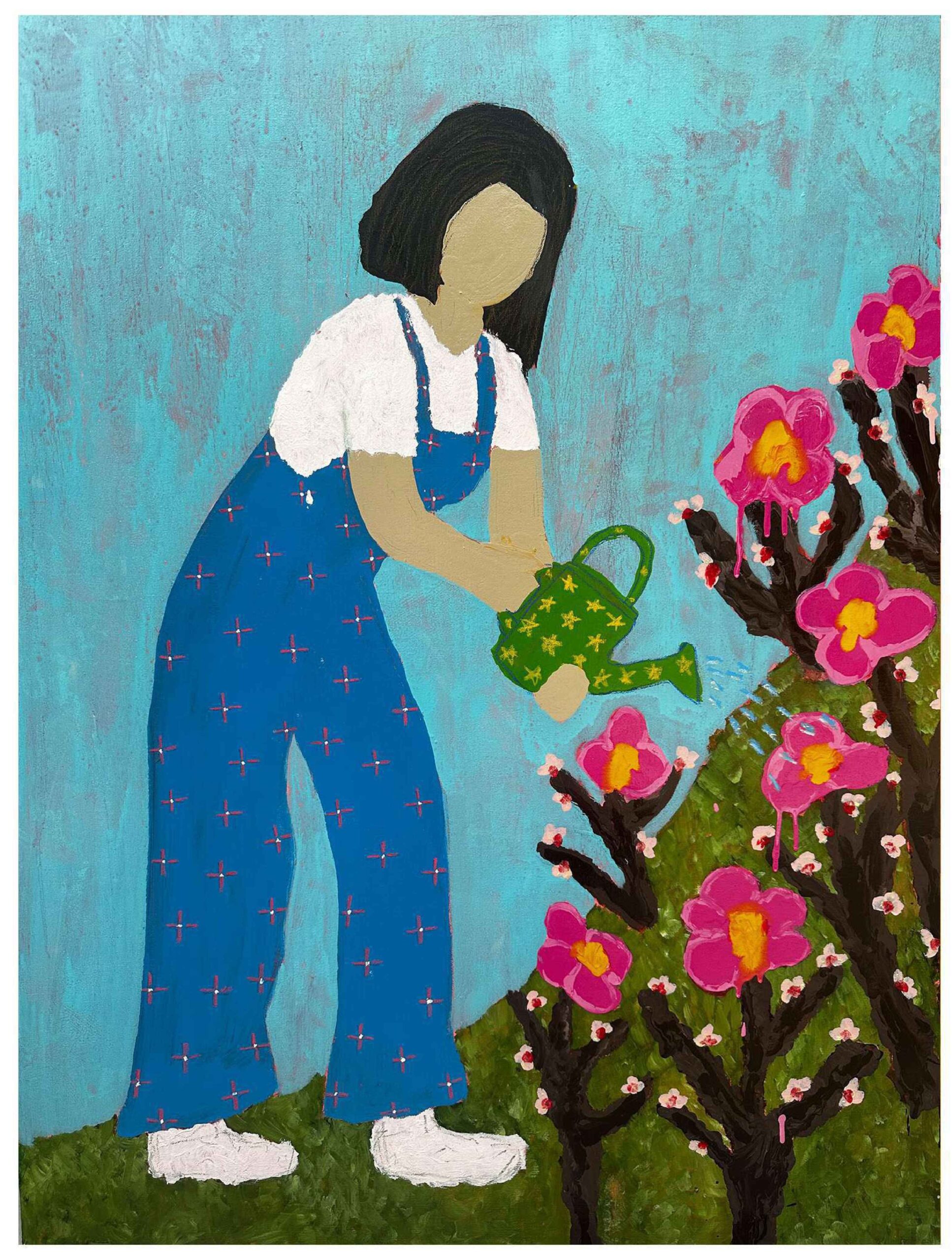 Artist: Areeba Nadeem <br />Title: "WATERING HOPE" <br> Medium: Oil, Oil stick and enamel on canvas<br>Size: 36X 48 in
