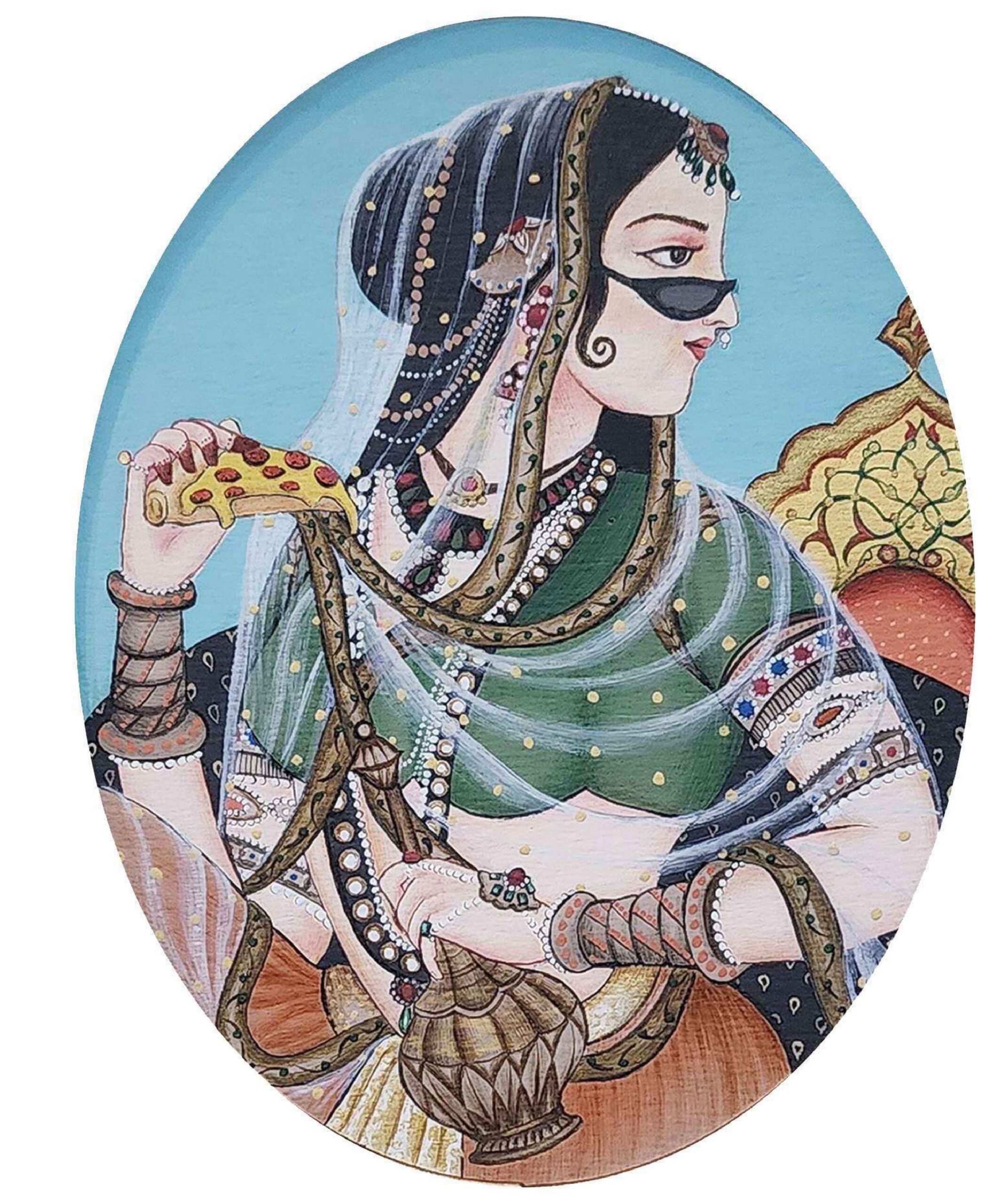 Artist: Fatima Mushtaq<br />Title: "(PIZZA OR SEX ?" <br> Medium: Gouache on wasli <br>Size: 3.8 X 4.8 in