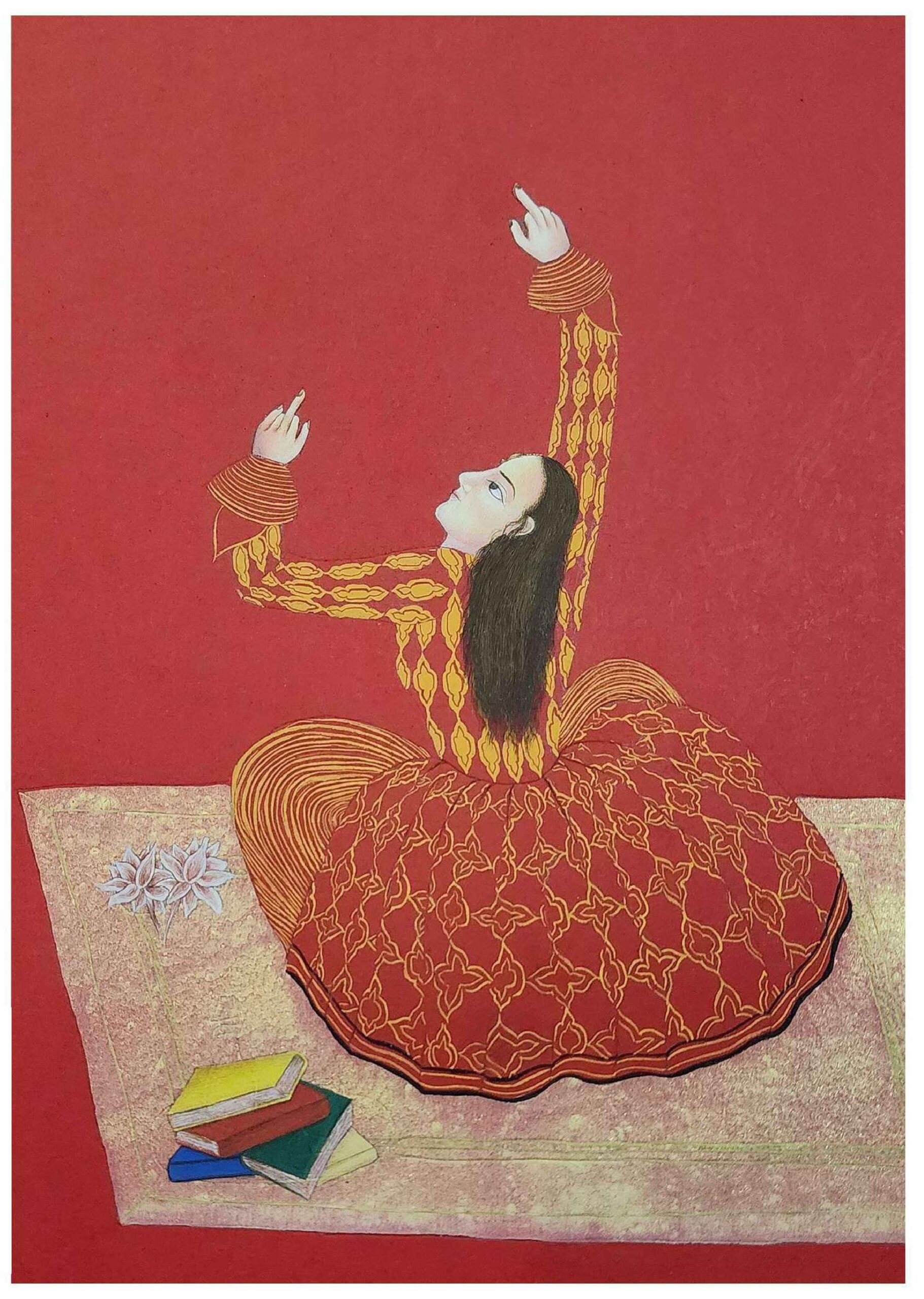 Artist: Fatima Mushtaq<br />Title: "SKEPTICAL WOMEN ?" <br> Medium: Gouache on wasli <br>Size: 14.8 X 14.8 in