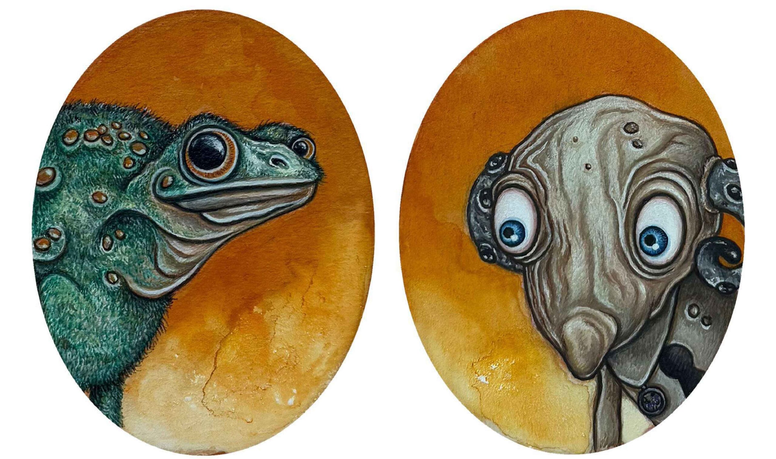 Artist: Ishma Fahim<br />Title: "FLICKER & ECHO" <br> Medium: Gouache on wasli <br>Size: 3.2 X 2.5 in (each)