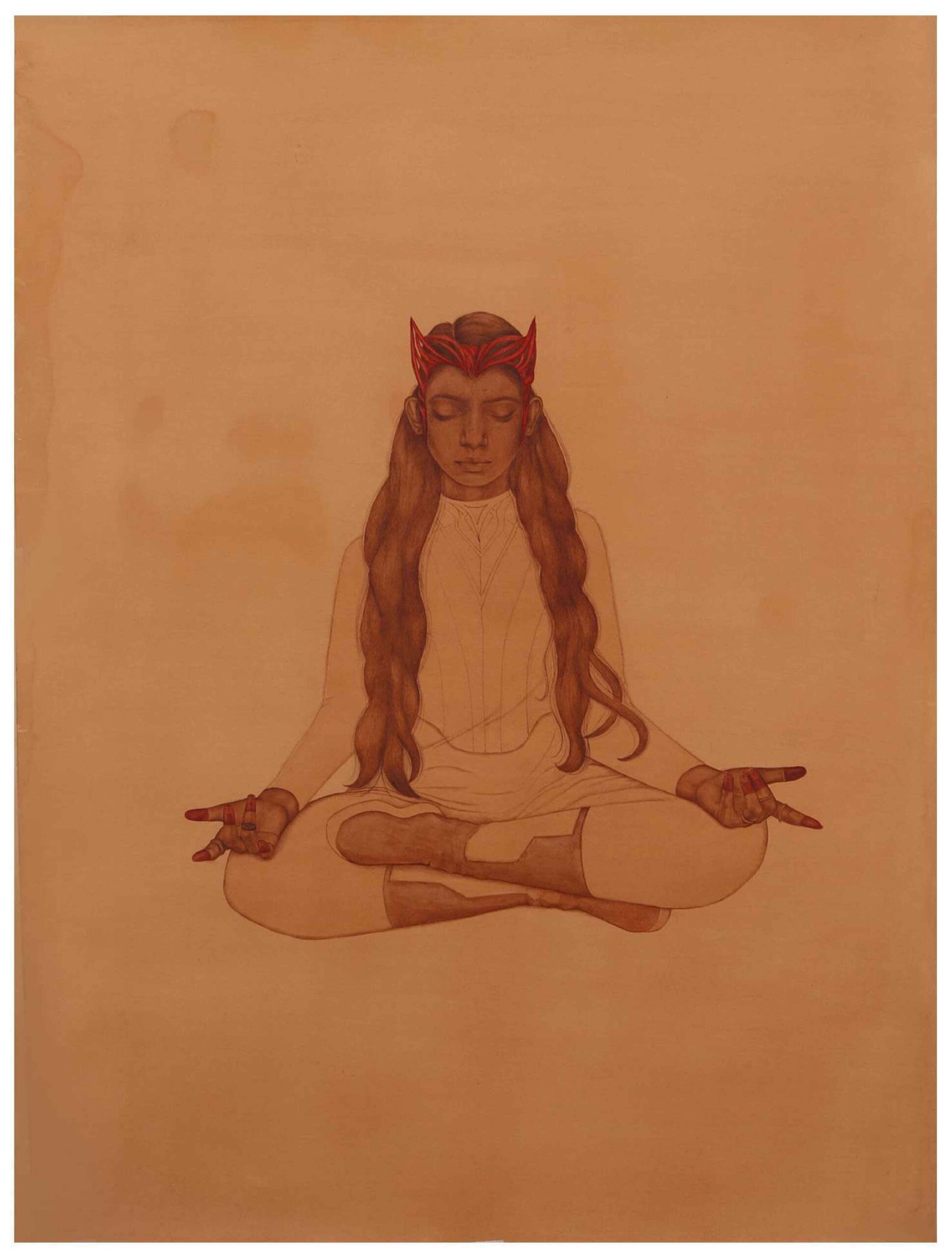 Artist: Kiran Aslam<br />Title: "THE WITCH I" <br> Medium: Tea Wash and Pigment on paper <br>Size: 40 X 30 in