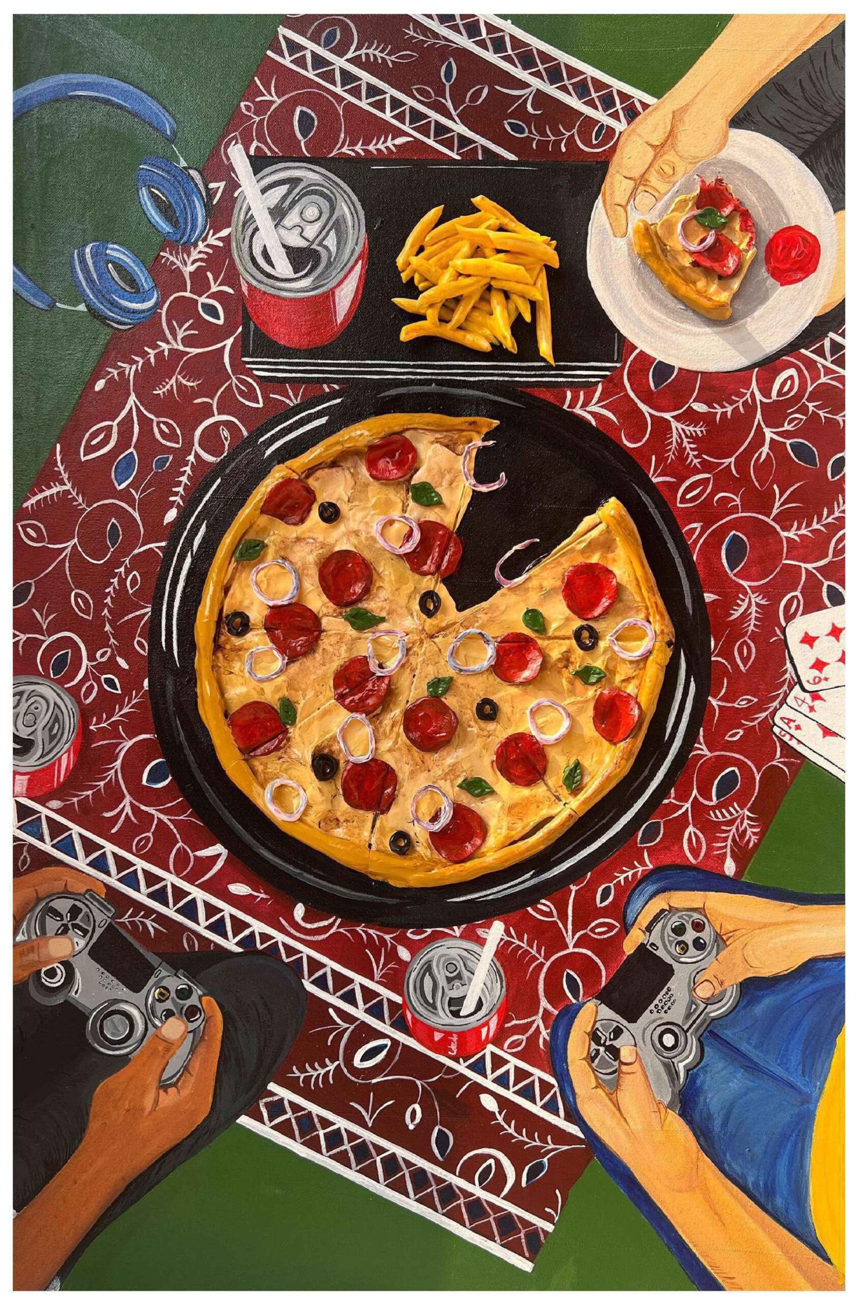 Artist: Maham Kashif <br />Title: CHEESY CONVERSATIONS " <br> Medium: Clay, Acrylics on Canvas <br>Size: 24 X 36 in
