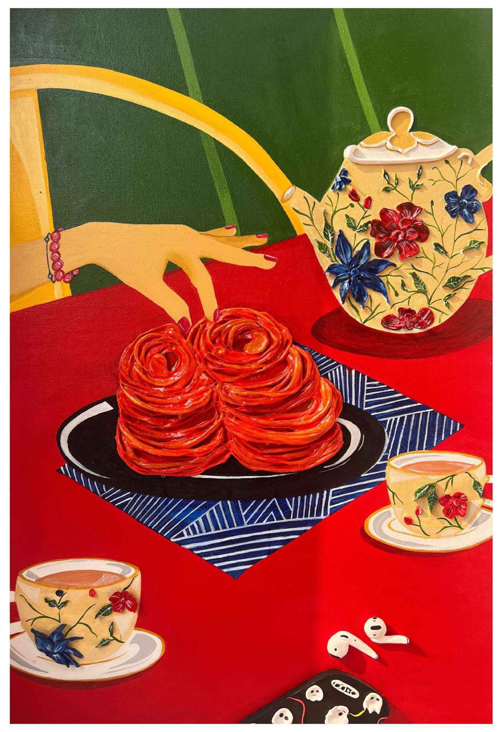 Artist: Maham Kashif <br />Title: CHAI & JALEBI TALES " <br> Medium: Clay, Acrylics on Canvas <br>Size: 24 X 36 in