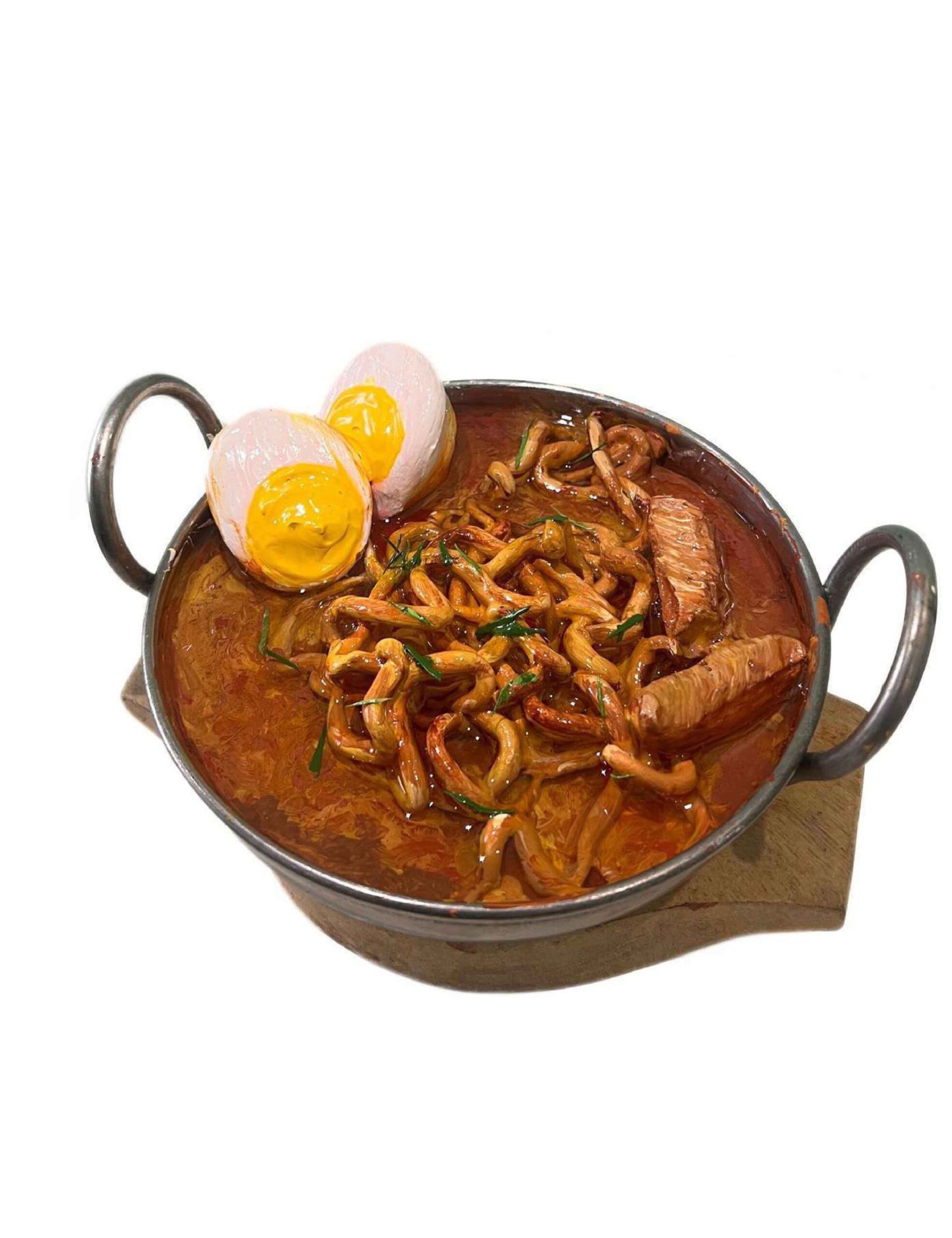 Artist: Maham Kashif <br />Title: NOODLES & NOSTALGIA " <br> Medium: Clay, Acrylics on resin <br>Size: 6 X 2.5 in