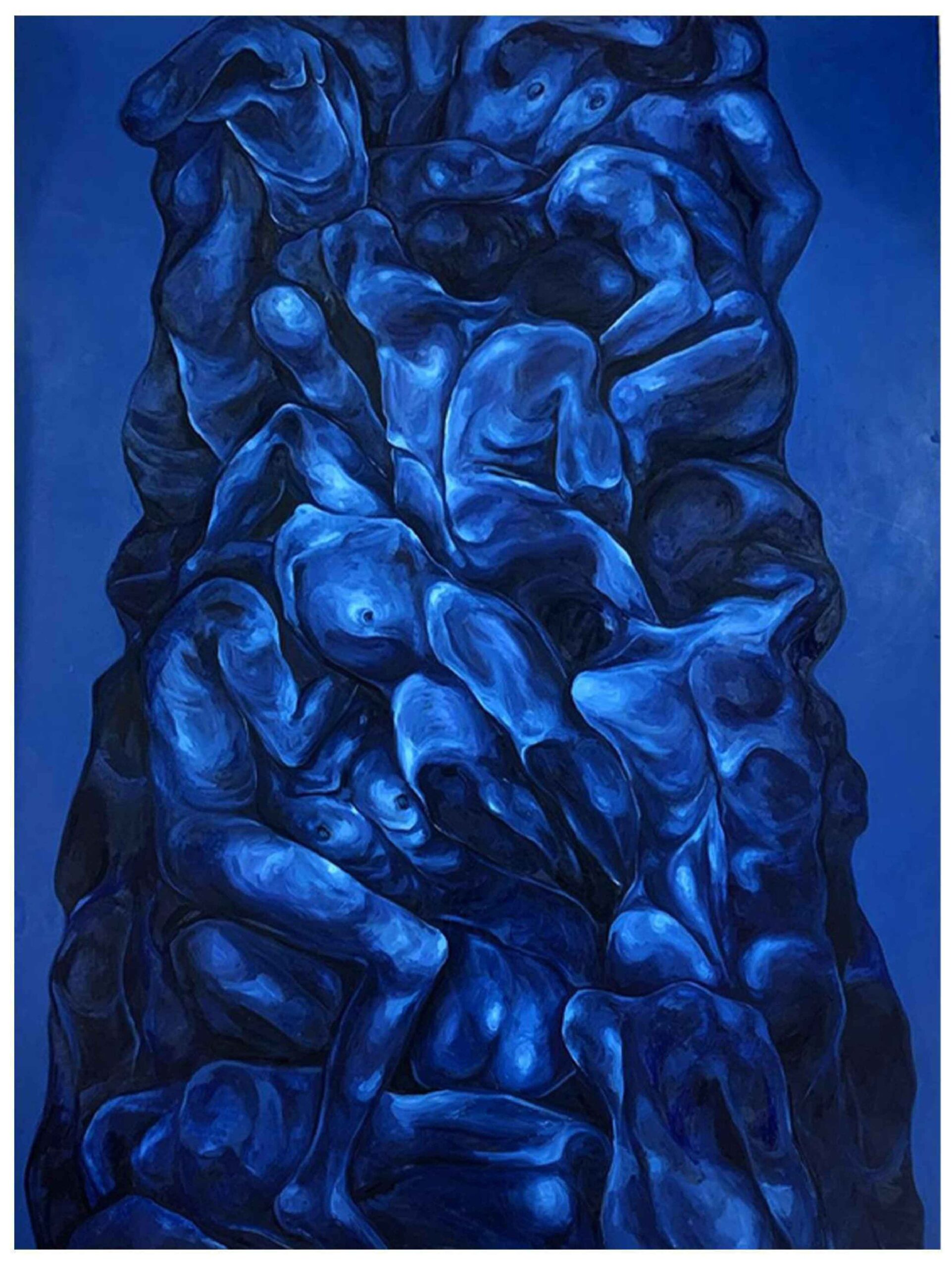 Artist: Manal Khan <br />Title: WHERE WE ONCE  TOUCHED THE BLUE  " <br> Medium: Oil and pen on Canvas  <br>Size: 72 X 48 in