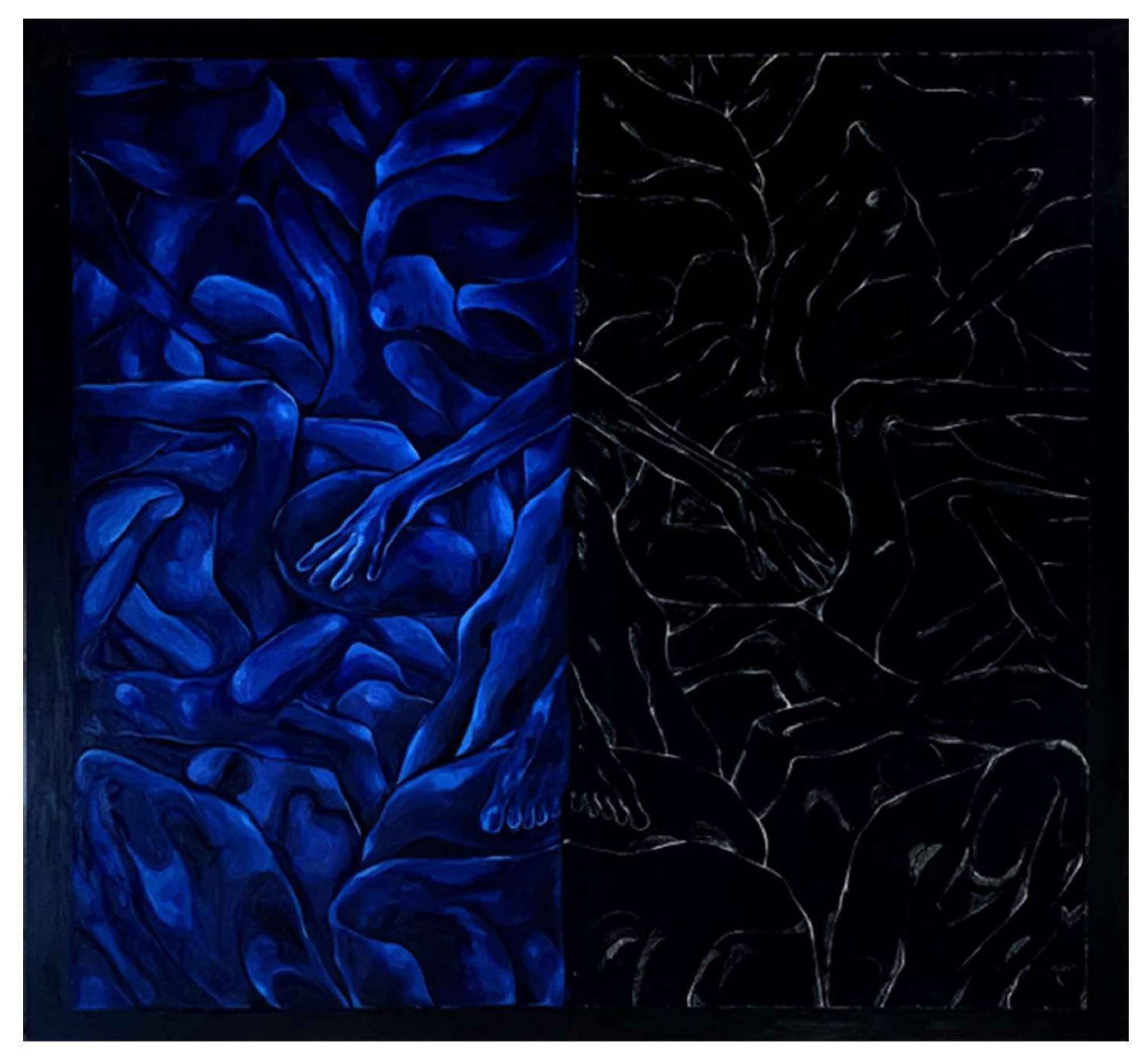 Artist: Manal Khan <br />Title: NEAR , YET DISTANT  " <br> Medium: Oil and pen on Canvas  <br>Size: 48 X 48 in