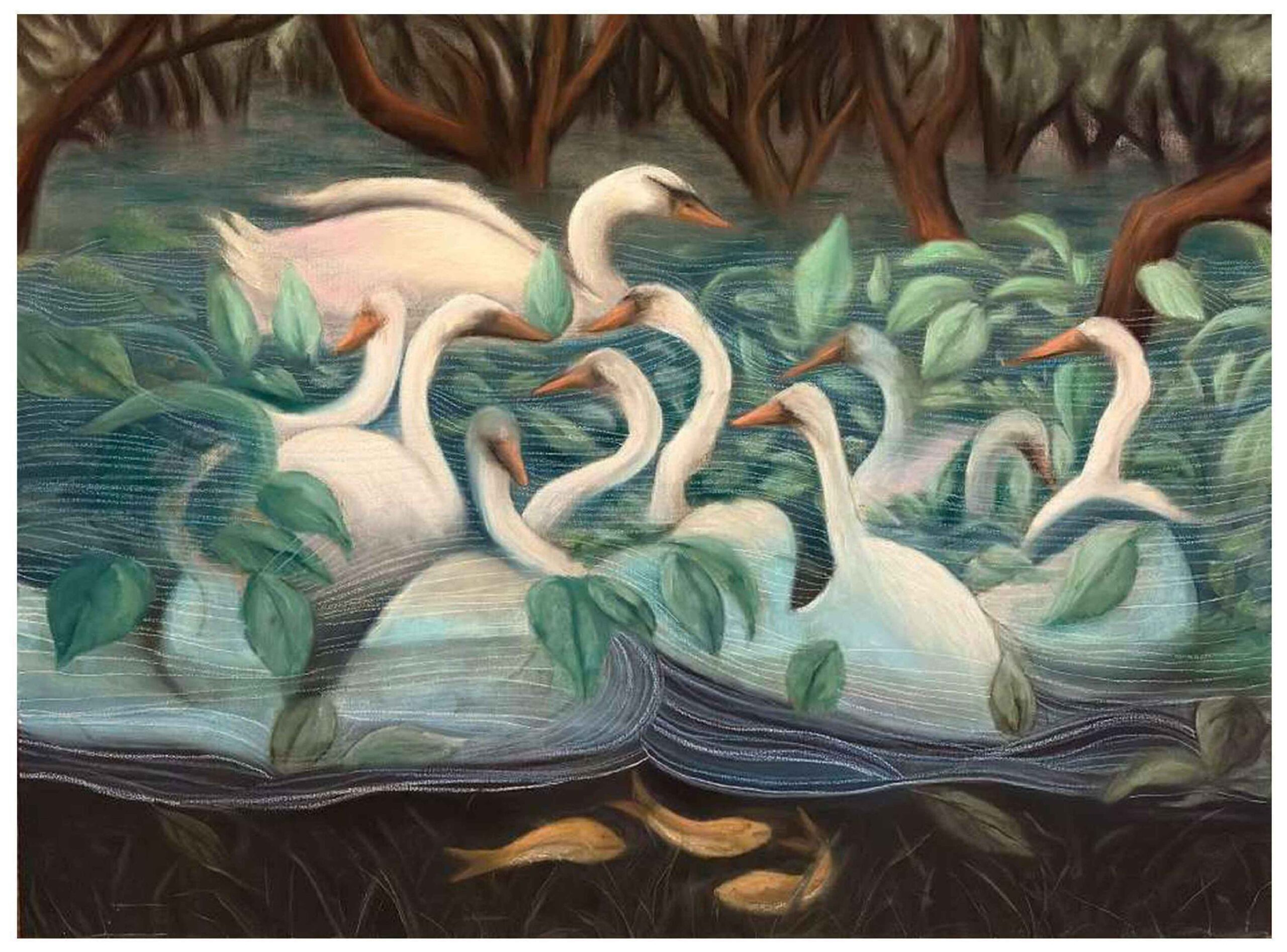 Artist: Roheen Ghauri<br />Title: GOSSIP OF LAKES <br> Medium: Soft Pastels on Canvas <br>Size: 60 X 48 in